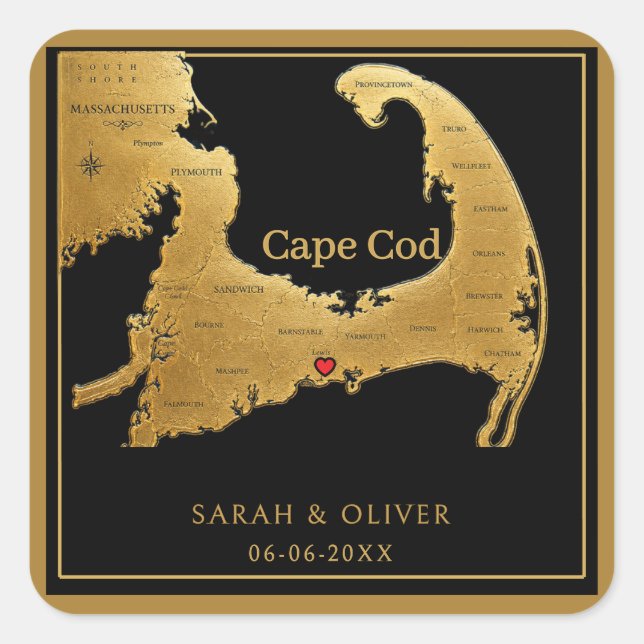 Adesivo Quadrado Elegante Mapa de Cape Cod Casamento  (Frente)
