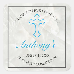 Adesivo Quadrado Elegante Marble Boys First Santa Comunhão Obrigado