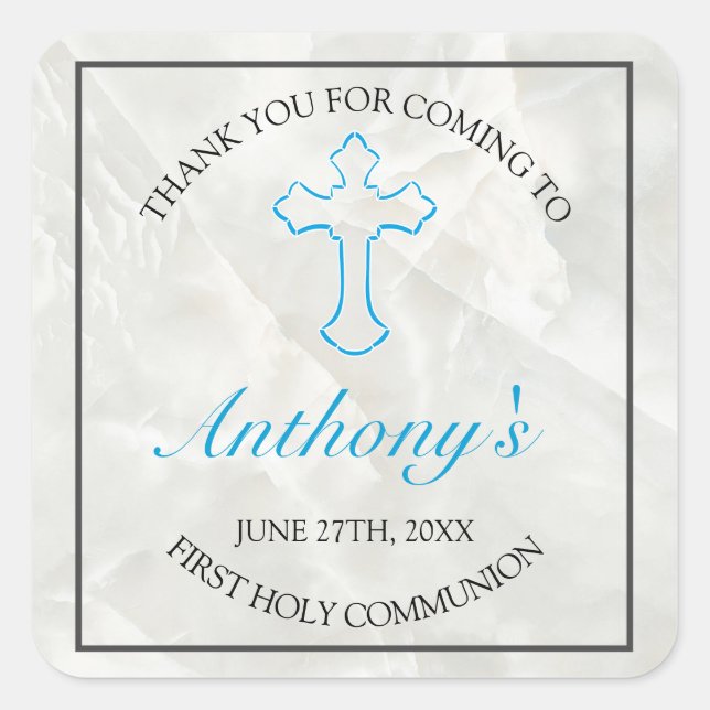 Adesivo Quadrado Elegante Marble Boys First Santa Comunhão Obrigado (Frente)
