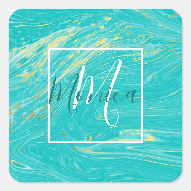 Adesivo Quadrado Elegante Marble design de monograma azul de luxo (Frente)