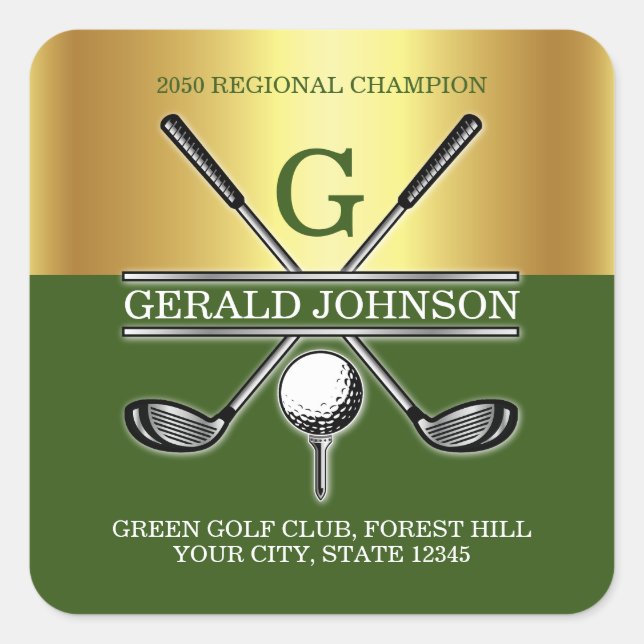 Adesivo Quadrado Elegante Monograma de Golfe Personalizado (Frente)