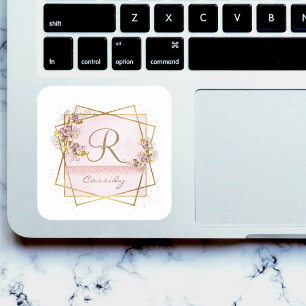 Adesivo Quadrado Elegante Monograma de Rosa em Brilho Dourado Rosa