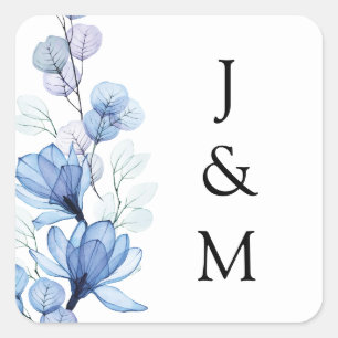 Adesivo Quadrado Elegante Monograma Floral Azul Poeirento Casamento