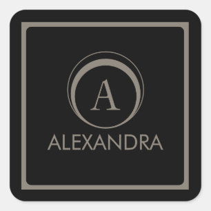 Adesivo Quadrado Elegante Monograma Nome Bege Preto