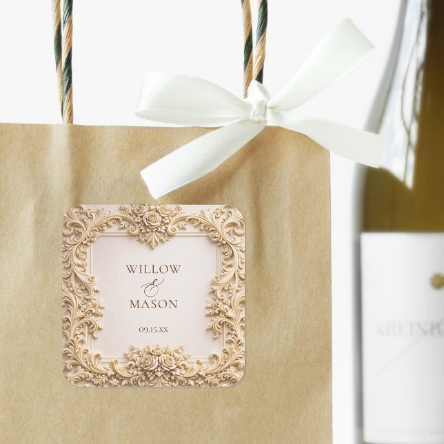 Adesivo Quadrado Elegante Noiva com Rolo Floral de Marfim (Elegant Ivory Floral Scroll Wedding Square Sticker)