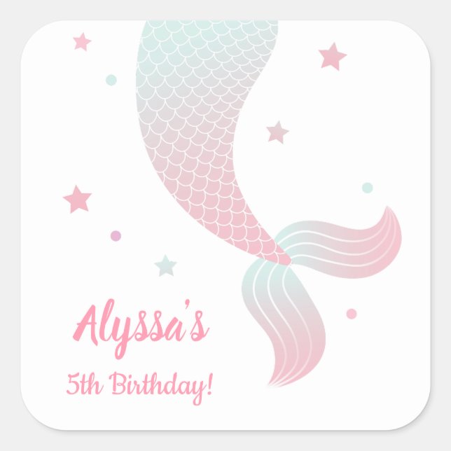 Adesivo Quadrado Elegante Ombre Mermaid Tail Girls Party Stickers (Frente)