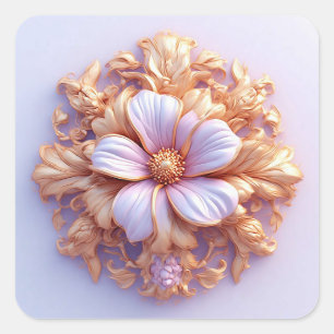 Adesivo Quadrado Elegante Ornamento Floral Com Acentos Dourados