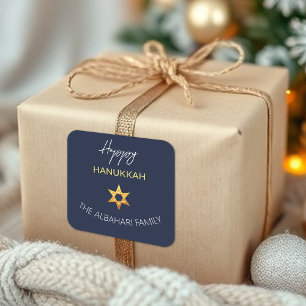 Adesivo Quadrado Elegante Ouro Feliz Hanukkah David Star