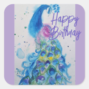 Adesivo Quadrado Elegante Pavão Aquarela Pastel Feliz Aniversário