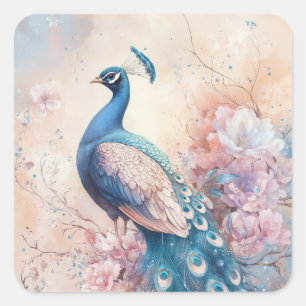 Adesivo Quadrado Elegante Pavão Azul Empoleirado em Galho Florido