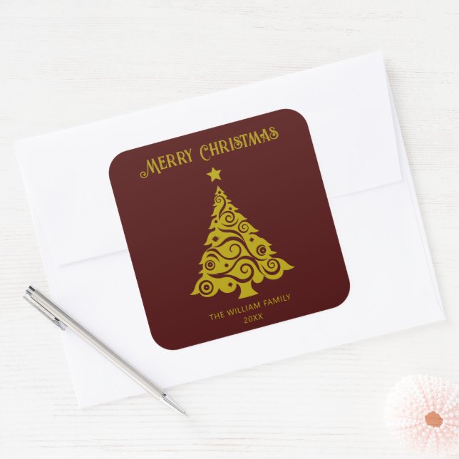 Adesivo Quadrado Elegante Pinheiros de Árvore de Natal Vermelho (Envelope)