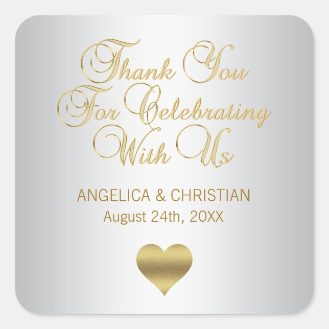 Adesivo Quadrado Elegante Prata e Dourado Obrigado Seals de Casamen (Frente)
