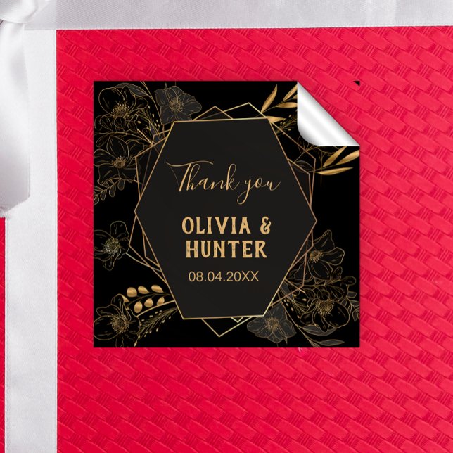 Adesivo Quadrado Elegante Preto e Dourado Floral Obrigado (Criador carregado)