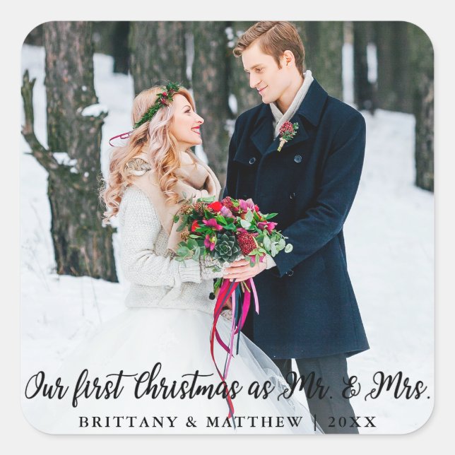 Adesivo Quadrado Elegante Primeiro Natal como Sr. e Sra. (Frente)