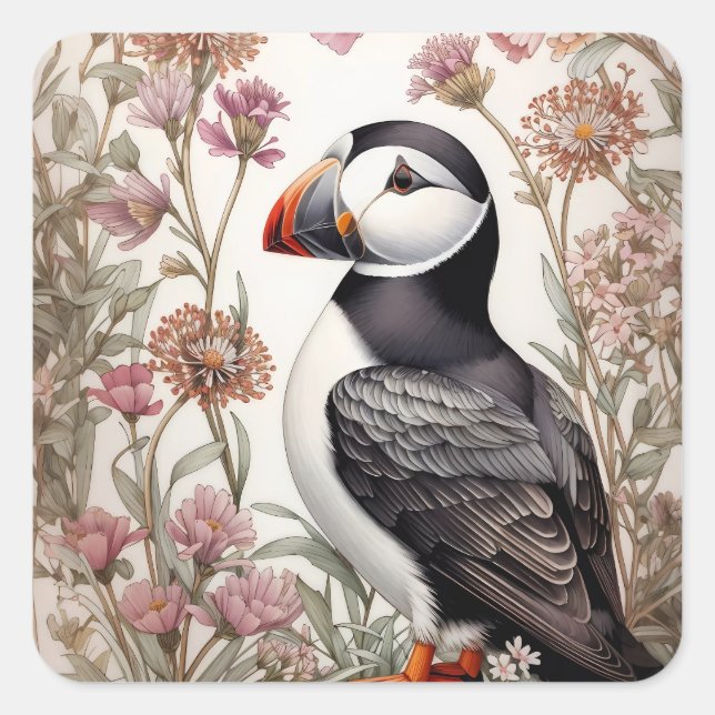 Adesivo Quadrado Elegante Puffin William Morris Inspirou Floral (Frente)