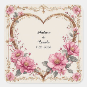 Adesivo Quadrado Elegante Quadro de Coração Decorado com Rosas Pink