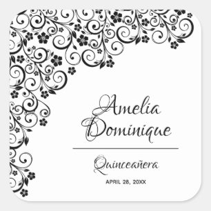 Adesivo Quadrado Elegante Quinceañera Preto e Branco
