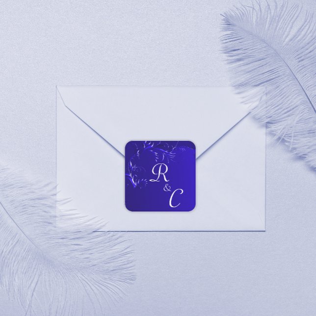 Adesivo Quadrado Elegante Real Blue Wedding Monogrammed (Criador carregado)