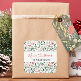 Adesivo Quadrado Elegante Red Holly Berry Greenery