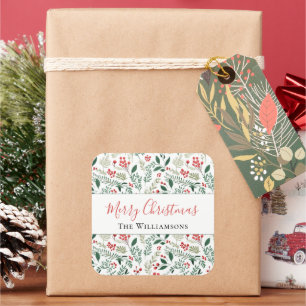 Adesivo Quadrado Elegante Red Holly Berry Greenery