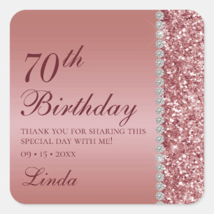 Adesivo Quadrado Elegante Rosa Dourado 70º Aniversário Obrigado