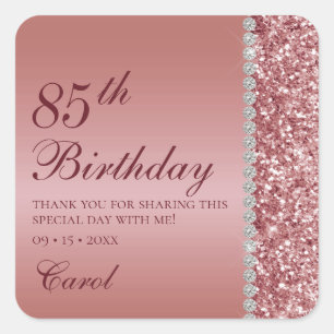 Adesivo Quadrado Elegante Rosa Dourado Obrigado pelo 85º Aniversári