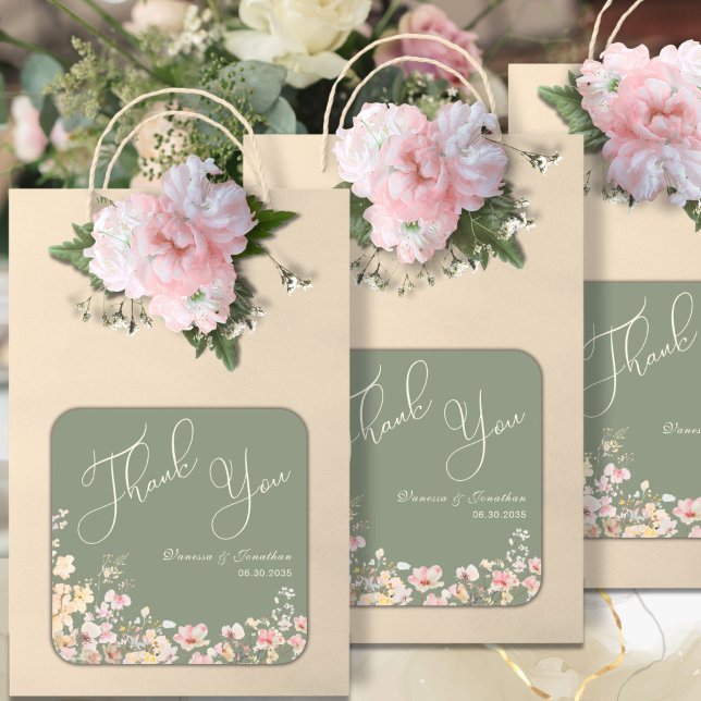 Adesivo Quadrado Elegante Sage Green Wildflower Obrigado (Criador carregado)