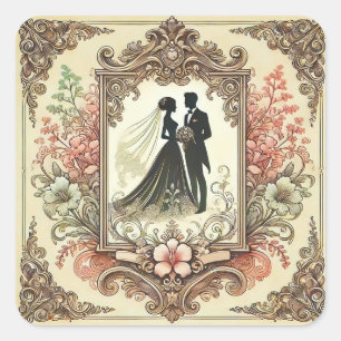 Adesivo Quadrado Elegante Silhueta de Casamento Enquadrada