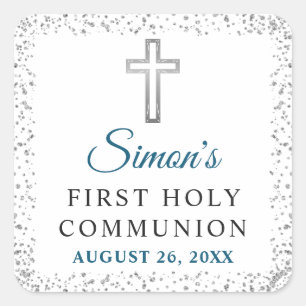 Adesivo Quadrado Elegante Silver Glitter Cross Primeira Comunhão S