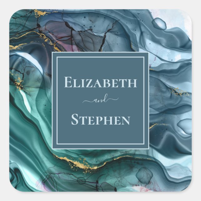 Adesivo Quadrado Elegante Teal & Dourado Pau de Casamento (Frente)