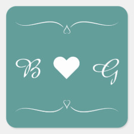 Adesivo Quadrado Elegante Teal Wedding Heart Monograma - Letra Seal