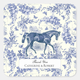 Adesivo Quadrado Elegante Toile Floral Azul Branco Cavalo Vintage