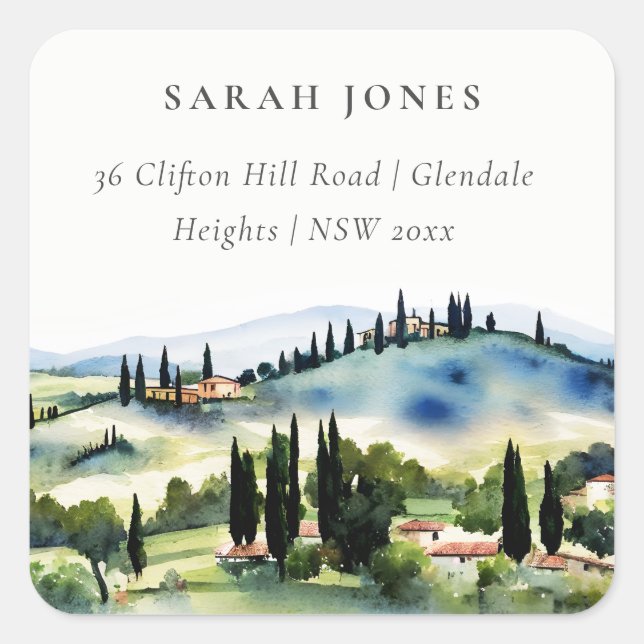 Adesivo Quadrado Elegante Toscana Itália Watercolor Endereço de Pai (Frente)