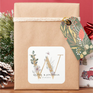 Adesivo Quadrado Elegante Verde Botânico Dourado Favor do Casamento