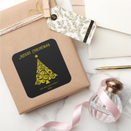 Adesivo Quadrado Elegante Vinhetas de Árvore de Natal Preto