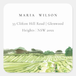 Adesivo Quadrado Elegante Watercolor Green Winery Endereço da Vinha
