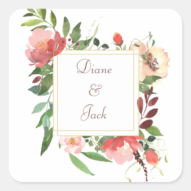 Adesivo Quadrado Elegante Watercolor Rose Bouquet Sticker (Frente)