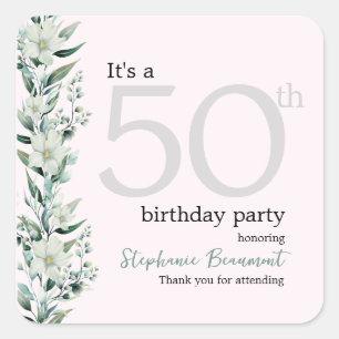 Adesivo Quadrado Elegante Wildflower Pink Surpresa 50th Birthday Na