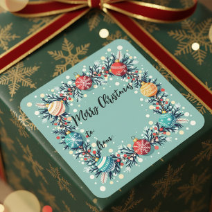 Adesivo Quadrado Elegante Wreath & Vintage Ornaments Feliz Natal