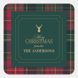 Adesivo Quadrado Elegante Xadrez Tartan Feliz Natal Nome da Família