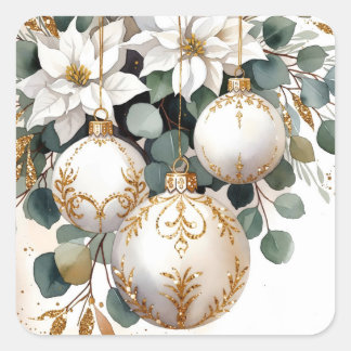 Adesivo Quadrado Elegantes Bolas de Natal Brancas e Douradas em Aqu