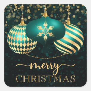 Adesivo Quadrado Elegantes Bolas de Natal em Azul Turquesa e Dourad