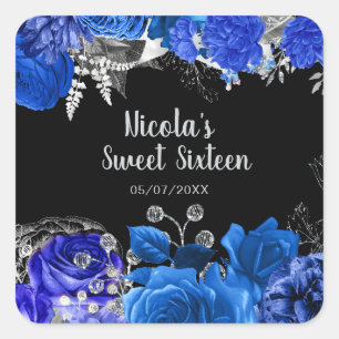 Adesivo Quadrado Elegantes Flores Azuis e Prateadas Sweet Sixteen