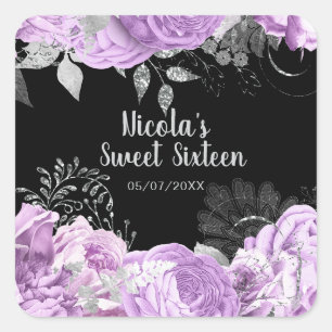 Adesivo Quadrado Elegantes Flores Lilás e Prata Sweet Sixteen