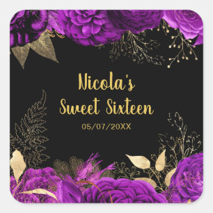 Adesivo Quadrado Elegantes Flores Roxas e Douradas Sweet Sixteen 
