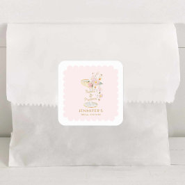 Adesivo Quadrado Elegantes Pérolas e Prosecco Stickers para Chá de 