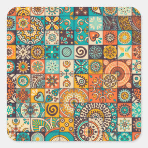 Adesivo Quadrado Elementos Decorativos: Padrão Vintage Desenhado à