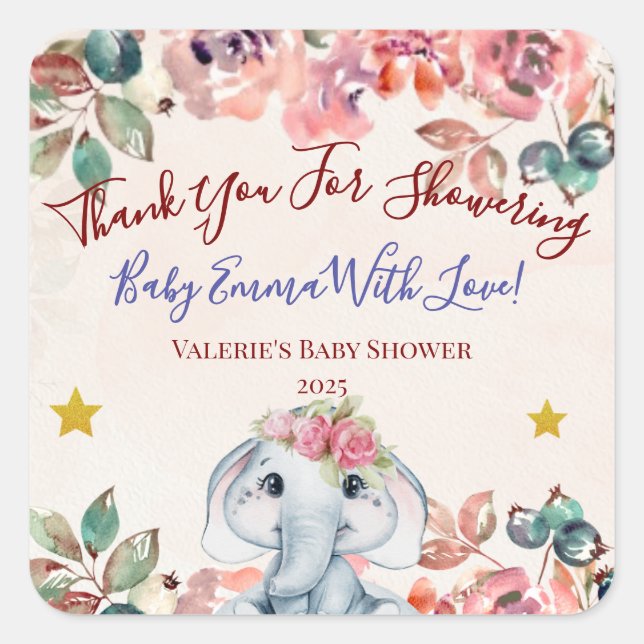 Adesivo Quadrado Elephant Baby Shower Thank you sticker (Frente)