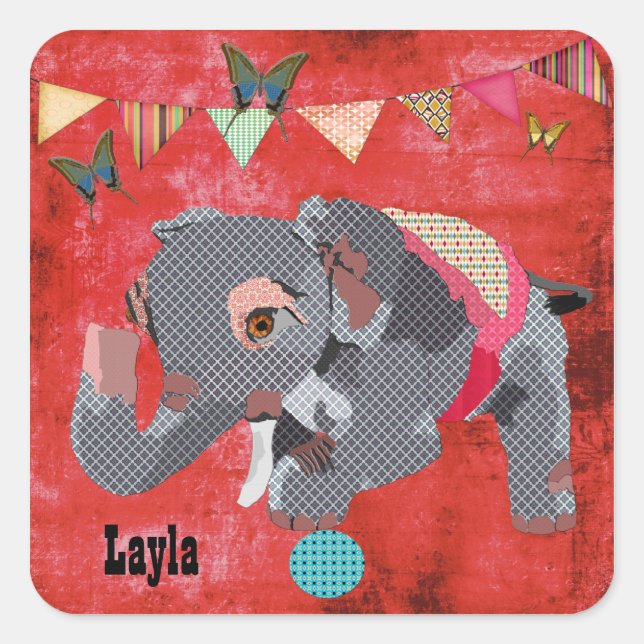 Adesivo Quadrado Elephant Red Name Sticker (Frente)