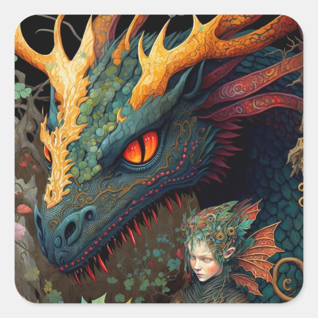 Adesivo Quadrado Elf E Dragon Fantasy Art (Frente)